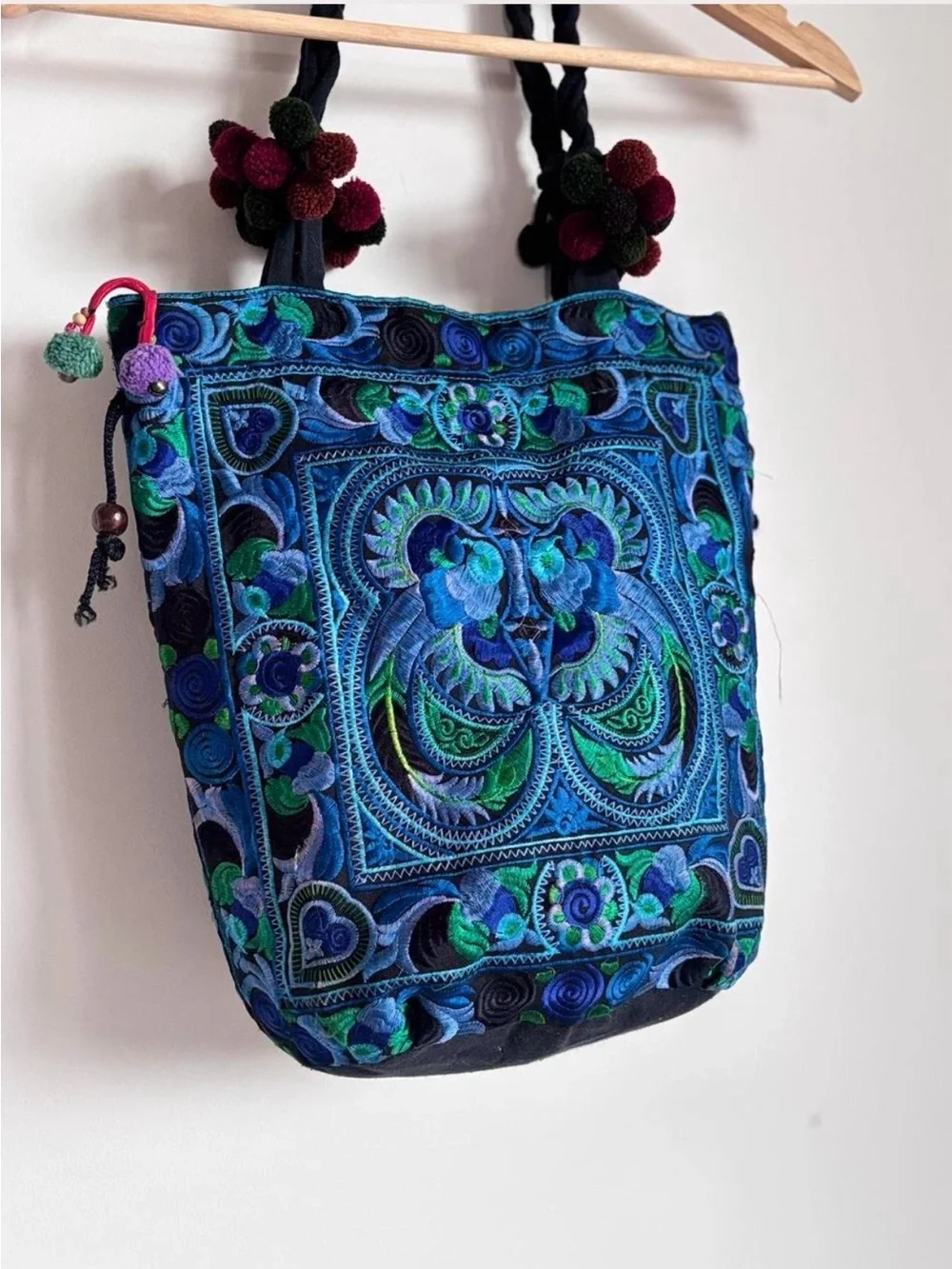 aMano Fair Trade Blue Green Embroidered Bird Boho Tote Bag Pom Poms